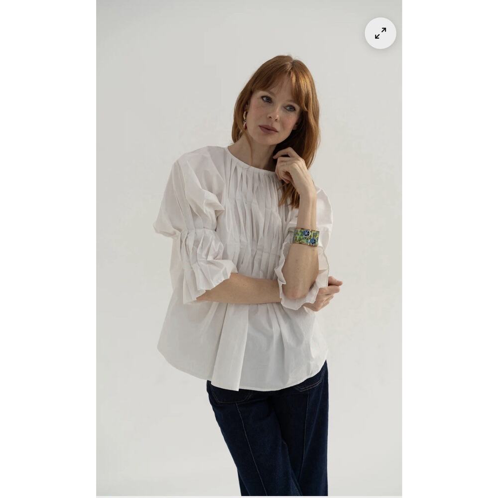 Monica Nera Sara Cotton White Top Pleating Whimsical Boho Minimalist XS New $270